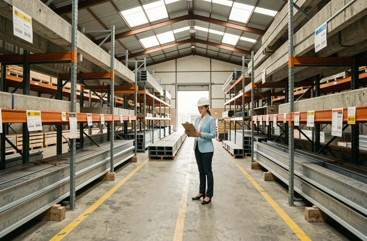 Responsable achats comparant les prix de poutrelles hourdi dans un dépôt de matériaux de construction