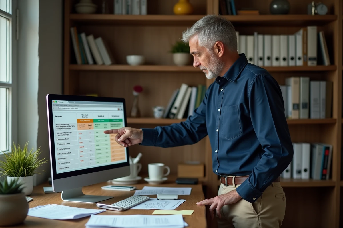 Homme consultant un comparatif de marques de matelas sur ordinateur portable dans un bureau à domicile pour identifier les marques à éviter