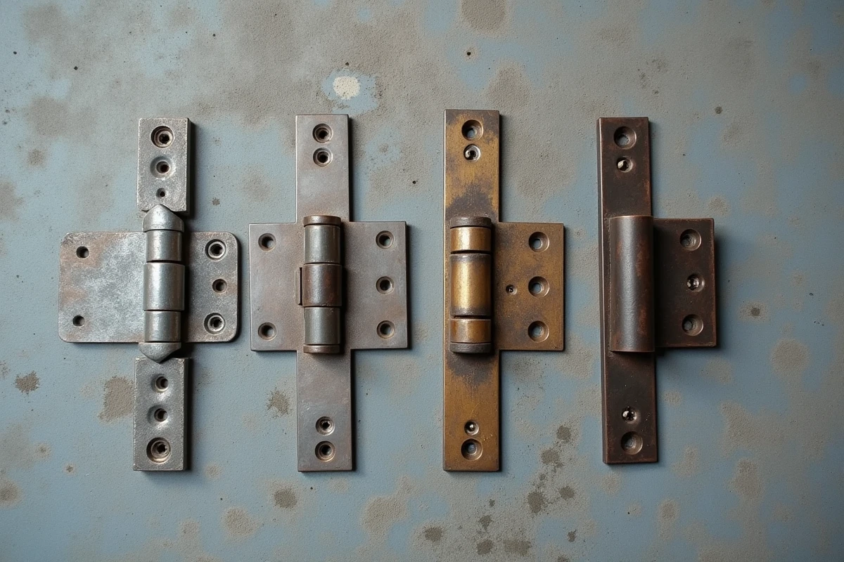 Comparatif de quatre modèles de gonds pour porte extérieure posés sur béton : galvanisé, inox marin, bronze antique et fonte