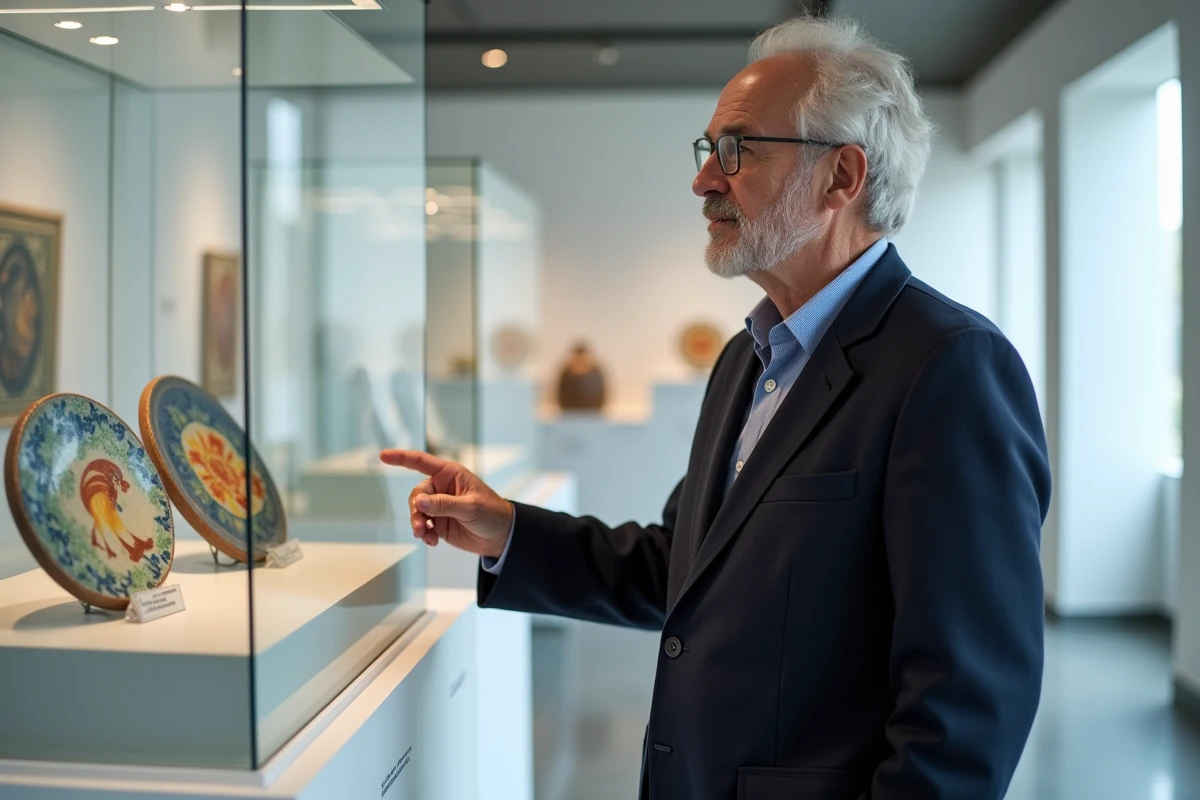 Conservateur de musée présentant la différence entre la faïence Henriot Quimper et la faïence de Quimper générique dans une galerie d'exposition
