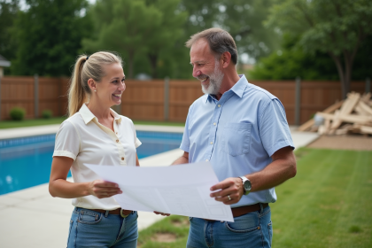 Un couple examine des plans près d'une piscine en construction dans un jardin