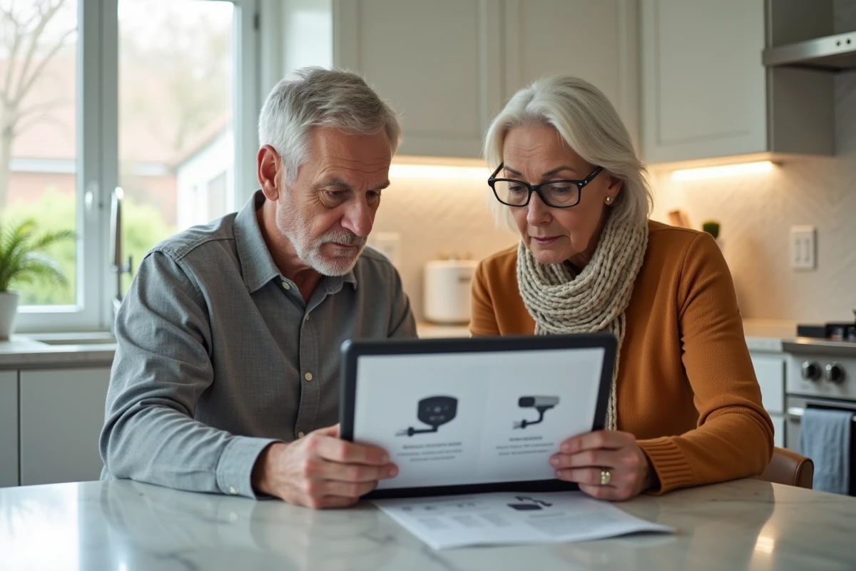 Couple comparant des offres de télésurveillance Verisure sur tablette dans une cuisine moderne