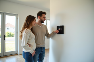 Couple souriant vérifiant un panneau de contrôle de chauffage moderne