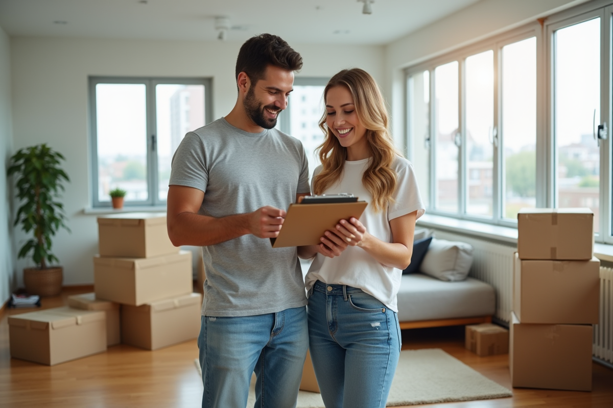 Couple en déménagement dans un appartement lumineux