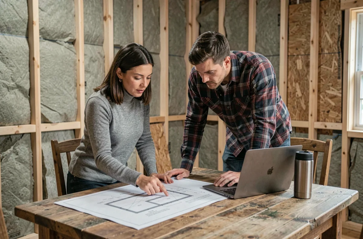 Couple étudiant les plans et le budget d'un chalet habitable design en cours de construction, ambiance chantier authentique