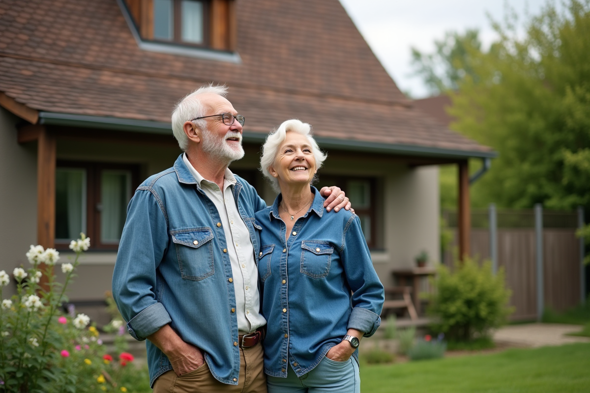Couple retraité regardant leur toit dans le jardin