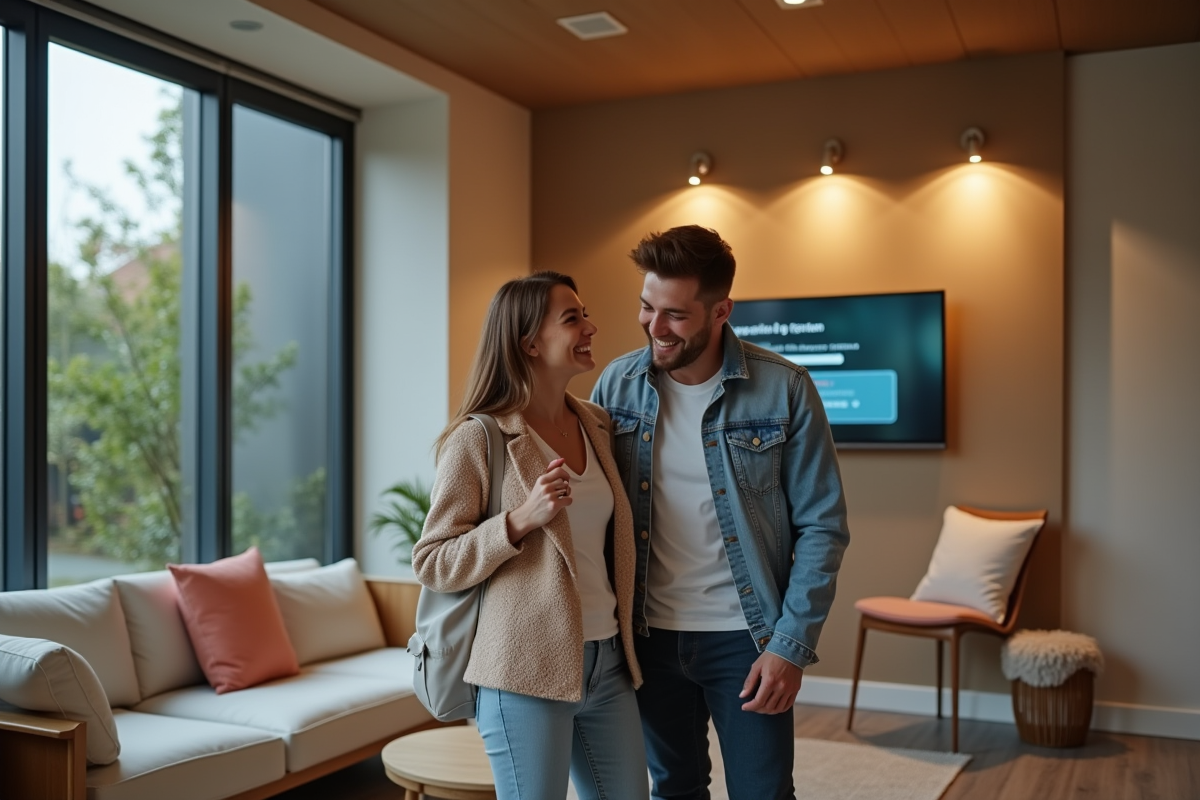 Jeune couple souriant devant un écran dans un spa