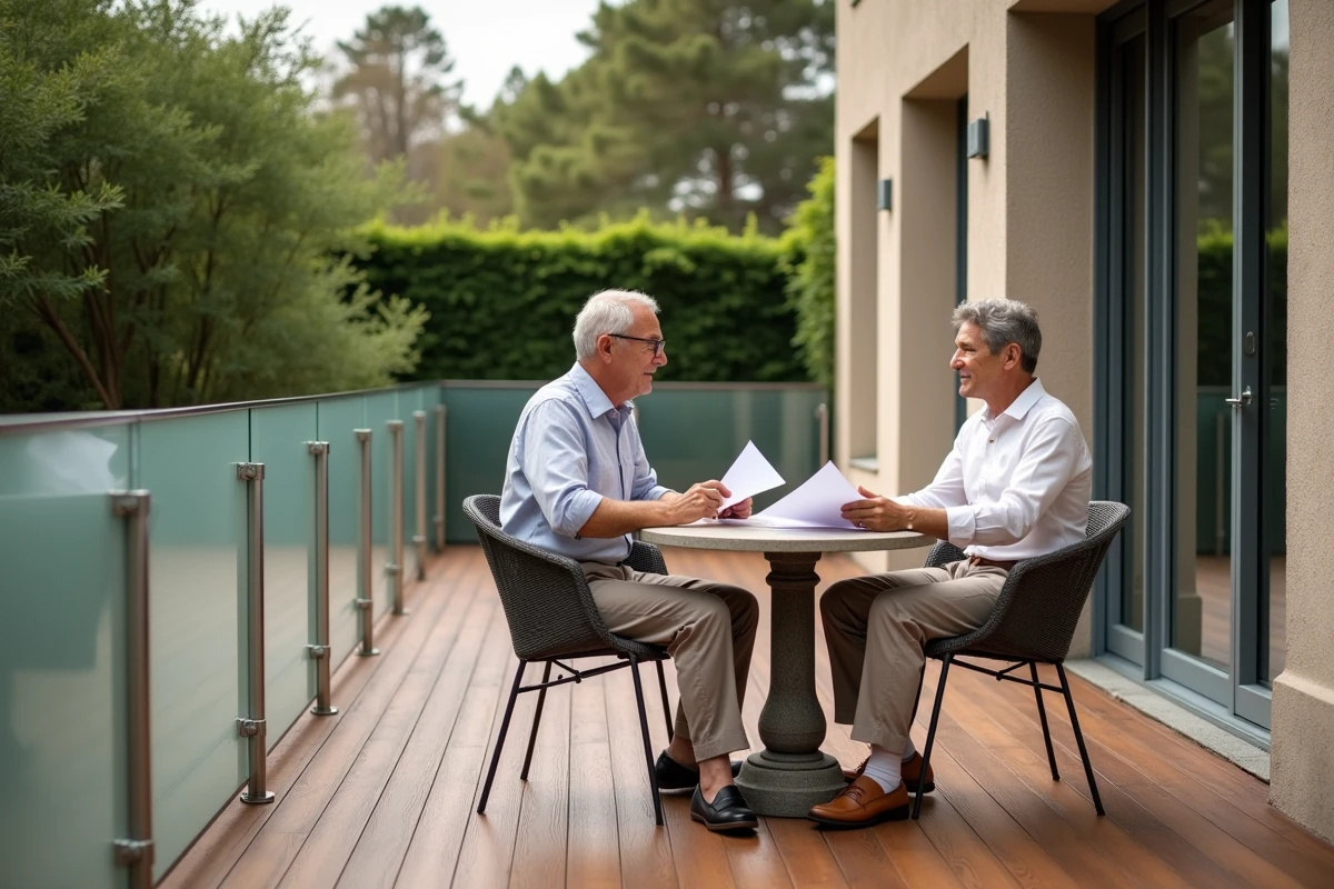 Couple en vêtements en lin consultant des documents de rénovation sur une terrasse en bois composite haut de gamme avec balustrade en verre et acier