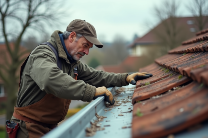 Couvreur inspectant une gouttière en zinc sur une maison française
