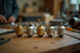 Gros plan sur différents culots de petites ampoules E14 et à baïonnette posés sur un établi en bois, illustrant les types de culots pour la sécurité électrique