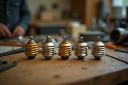 Gros plan sur différents culots de petites ampoules E14 et à baïonnette posés sur un établi en bois, illustrant les types de culots pour la sécurité électrique
