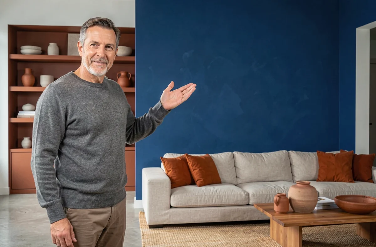 Décorateur d'intérieur présentant un salon avec mur bleu cobalt et accessoires orange complémentaires