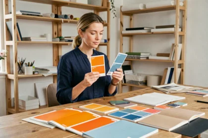 Designer graphique comparant des échantillons de couleurs complémentaires bleu et orange sur un bureau de studio créatif
