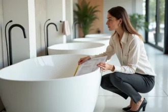 Designer mesurant une baignoire autoportante dans un showroom avec une fiche technique fabricant à la main