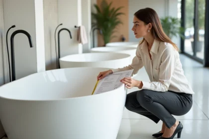 Designer mesurant une baignoire autoportante dans un showroom avec une fiche technique fabricant à la main