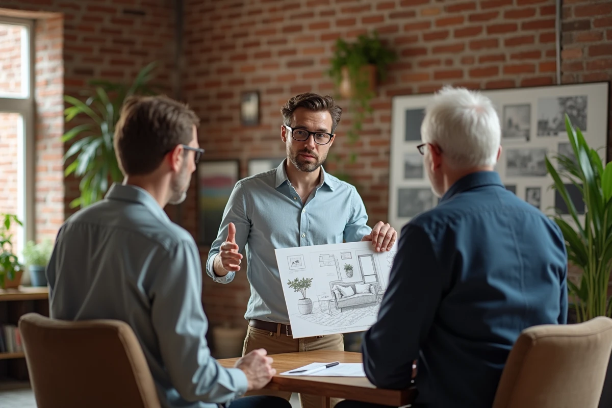 Jeune designer présentant planche design à couple dans atelier