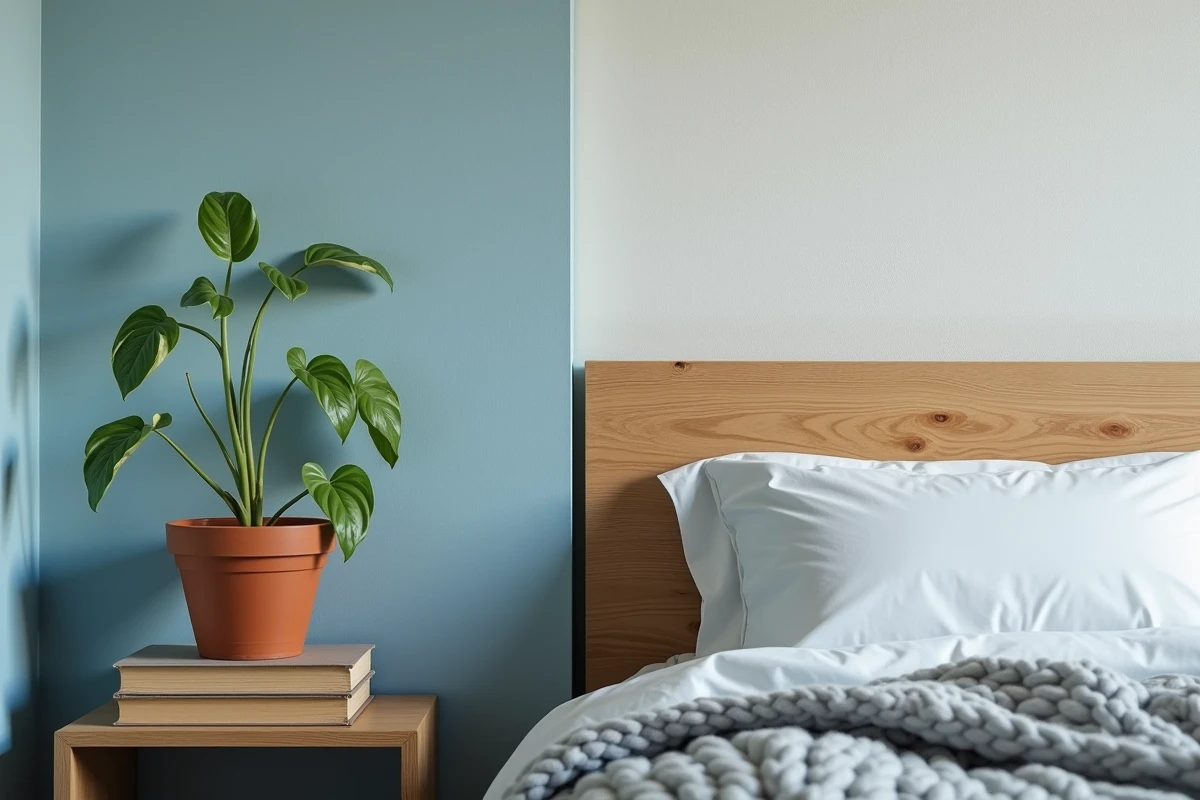 Détail de mur peint en bleu poudré dans une chambre minimaliste avec tête de lit en bois brut et plante verte pour une atmosphère relaxante