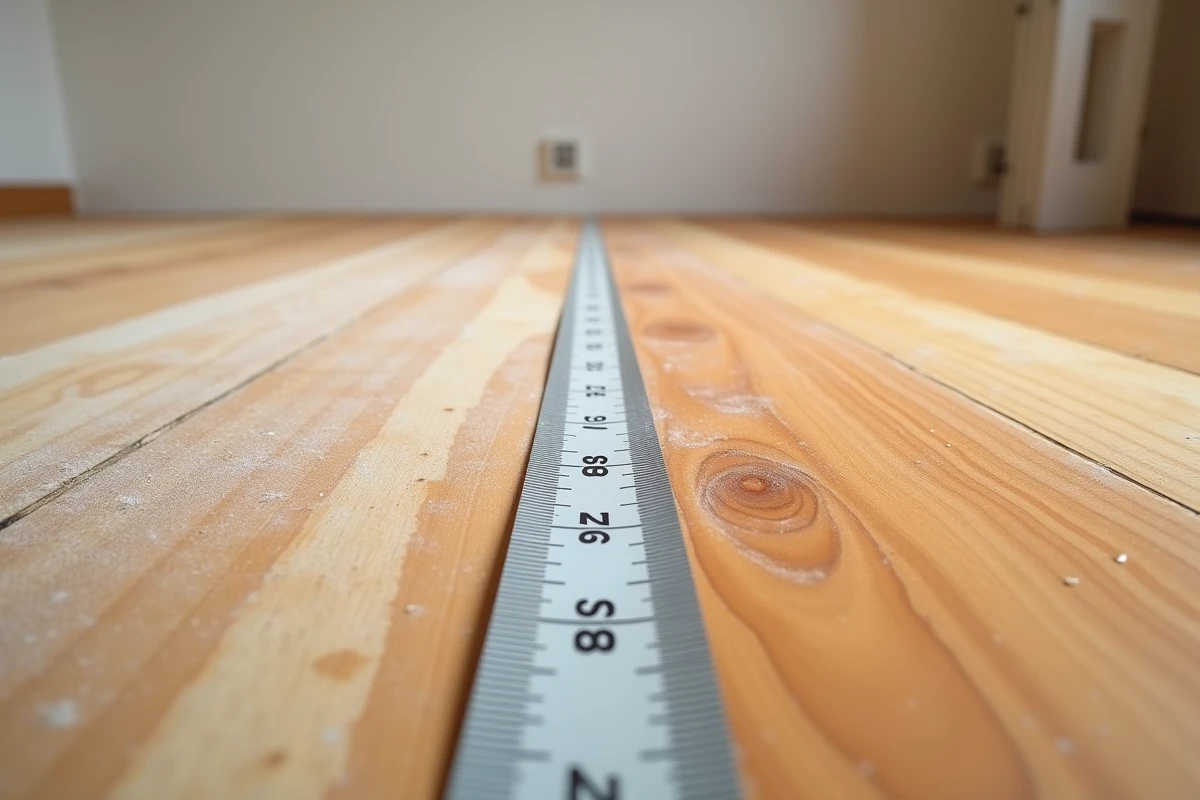 Gros plan sur un parquet en cours de sablage montrant la différence entre surface brute et surface poncée avec un mètre ruban pour mesure au m2
