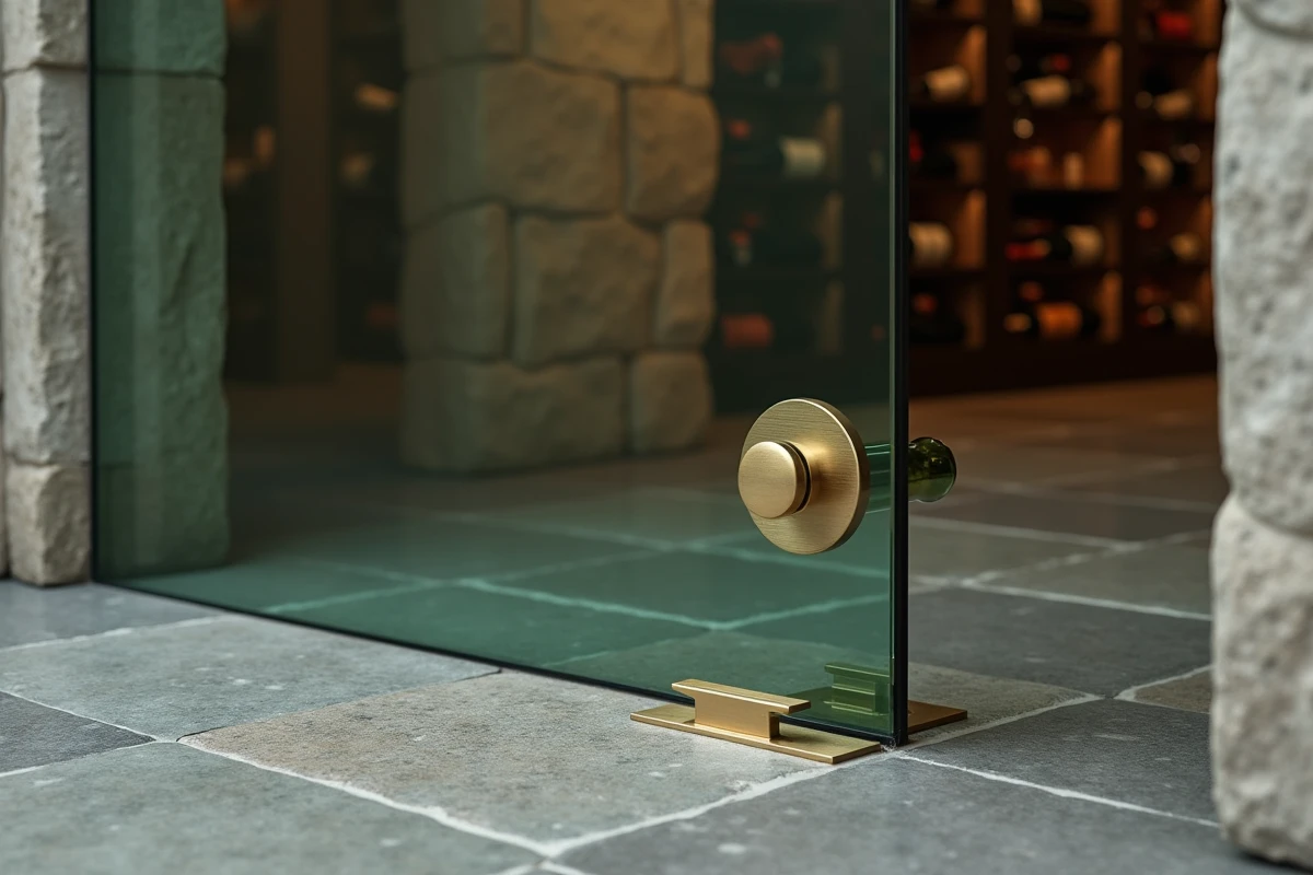 Détail de la poignée et du cadre en laiton brossé d'une trappe cave en verre feuilleté sur carrelage en pierre calcaire