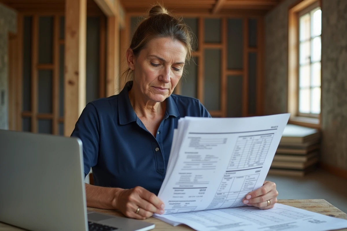 Artisane examenant un devis de sablage comparant le tarif au m2 et le forfait global sur un chantier de rénovation