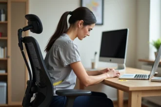 Femme mesurant les dimensions d'une chaise de bureau ergonomique dans un bureau à domicile moderne