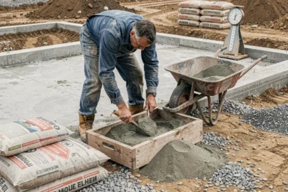 Ouvrier préparant le dosage d'une chape maigre avec ciment, sable et gravier sur un chantier de construction