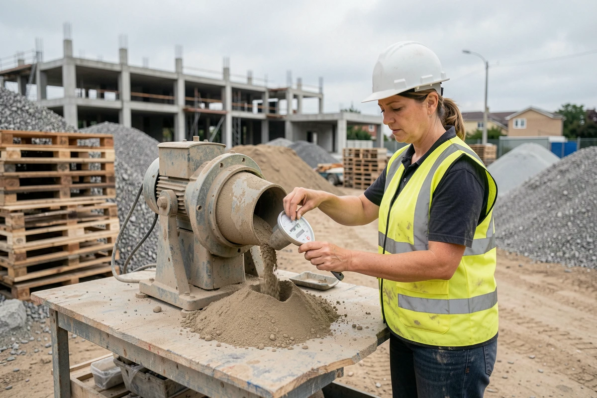 Professionnelle du bâtiment dosant précisément le sable et le ciment pour une chape maigre sur chantier extérieur