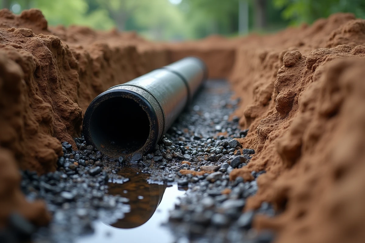 Gros plan d'un tuyau de drain de fosse septique encrassé par un biomat dans une tranchée excavée avec gravier saturé