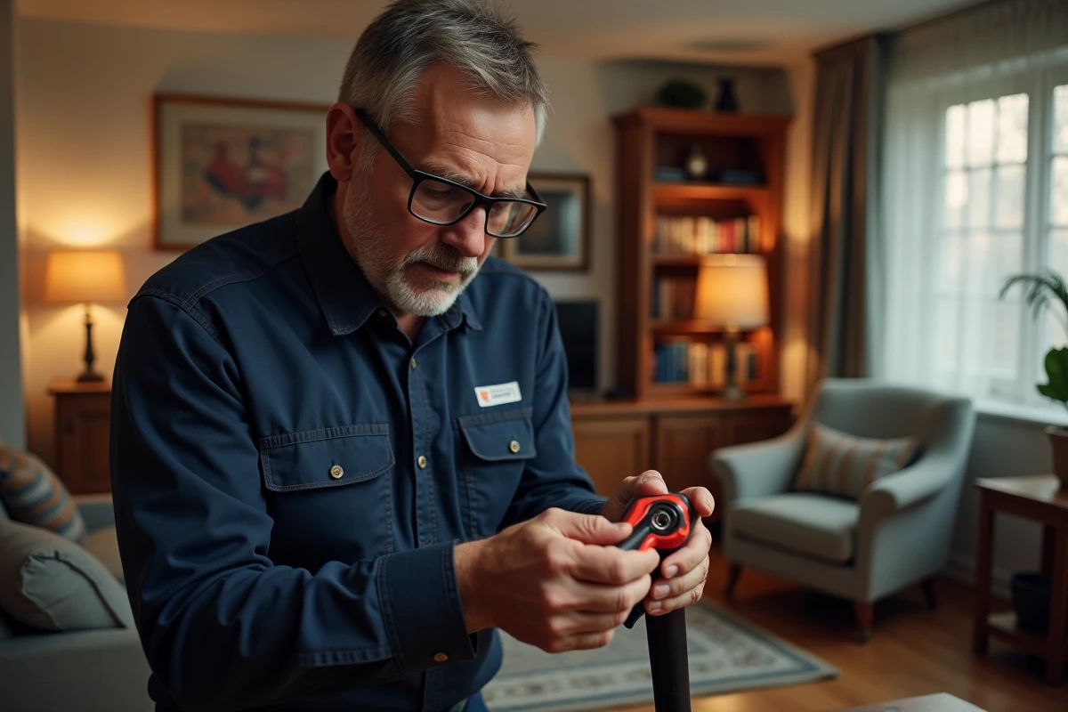 Électricien professionnel inspectant le culot d'une petite lampe avec un outil de détection thermique dans un salon résidentiel