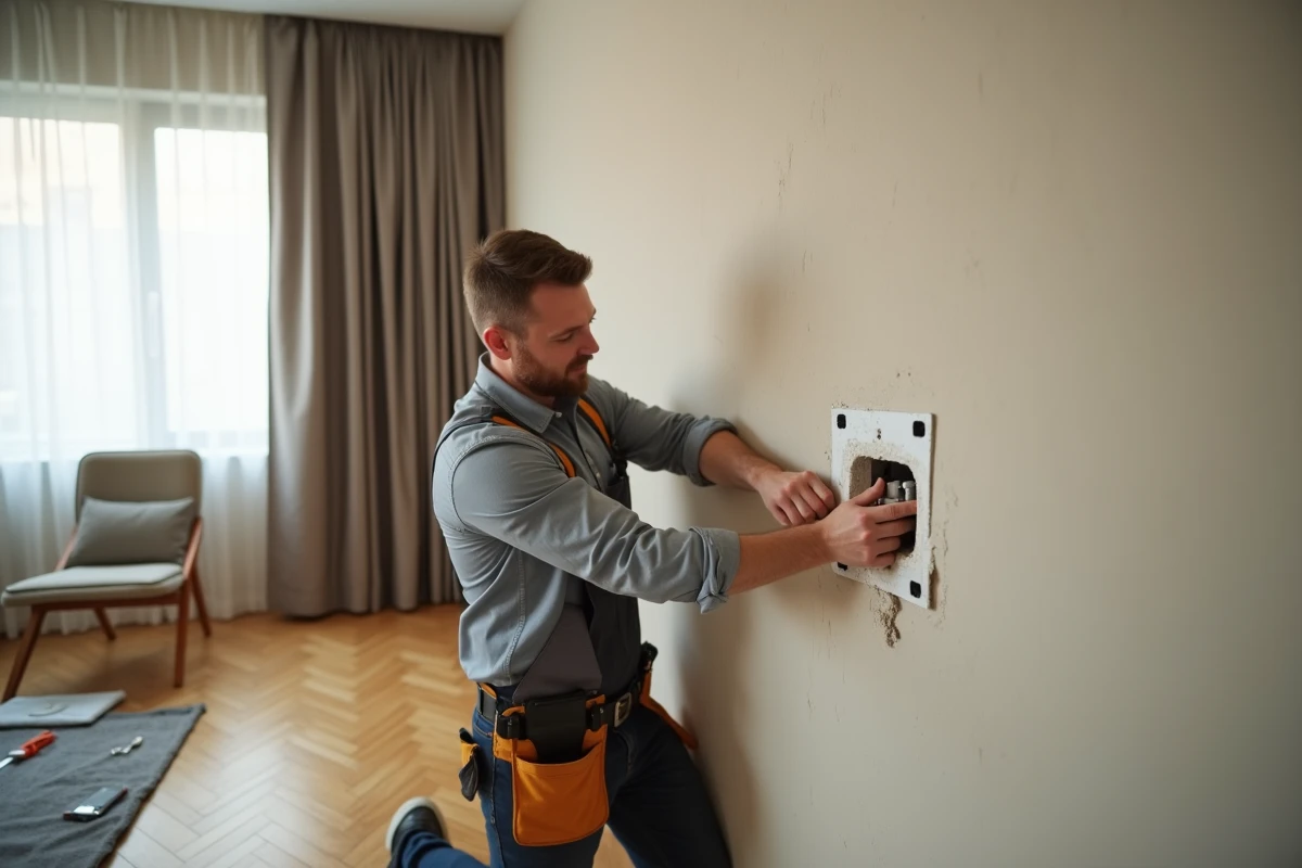 Électricien posant une prise TV encastrée dans le mur d'une chambre lors de travaux d'installation
