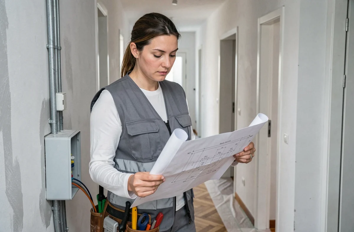 Électricienne professionnelle consultant des plans techniques lors d'une rénovation résidentielle à Strasbourg