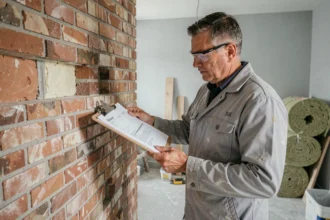 Entrepreneur en rénovation consultant un devis travaux dans une maison belge en cours d'isolation thermique