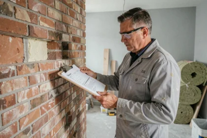 Entrepreneur en rénovation consultant un devis travaux dans une maison belge en cours d'isolation thermique