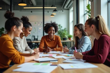 Groupe de collègues discutant autour d'une table moderne