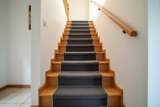 Escalier en bois rénové avec des marches recouvertes de moquette gris anthracite dans un couloir d'intérieur lumineux