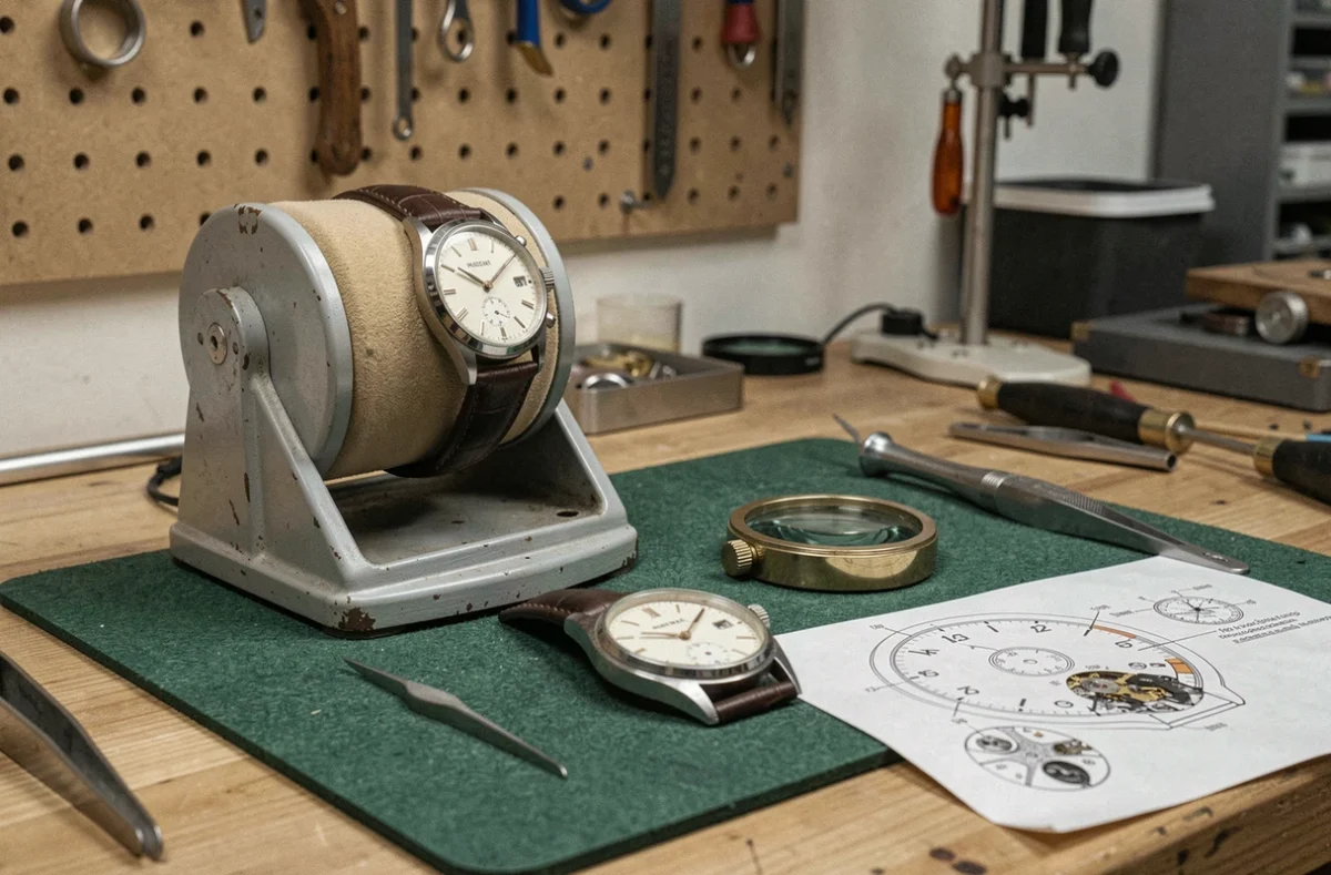 Établi d'horloger avec deux montres mécaniques, un remontoir automatique, une loupe et des outils de précision dans un atelier professionnel