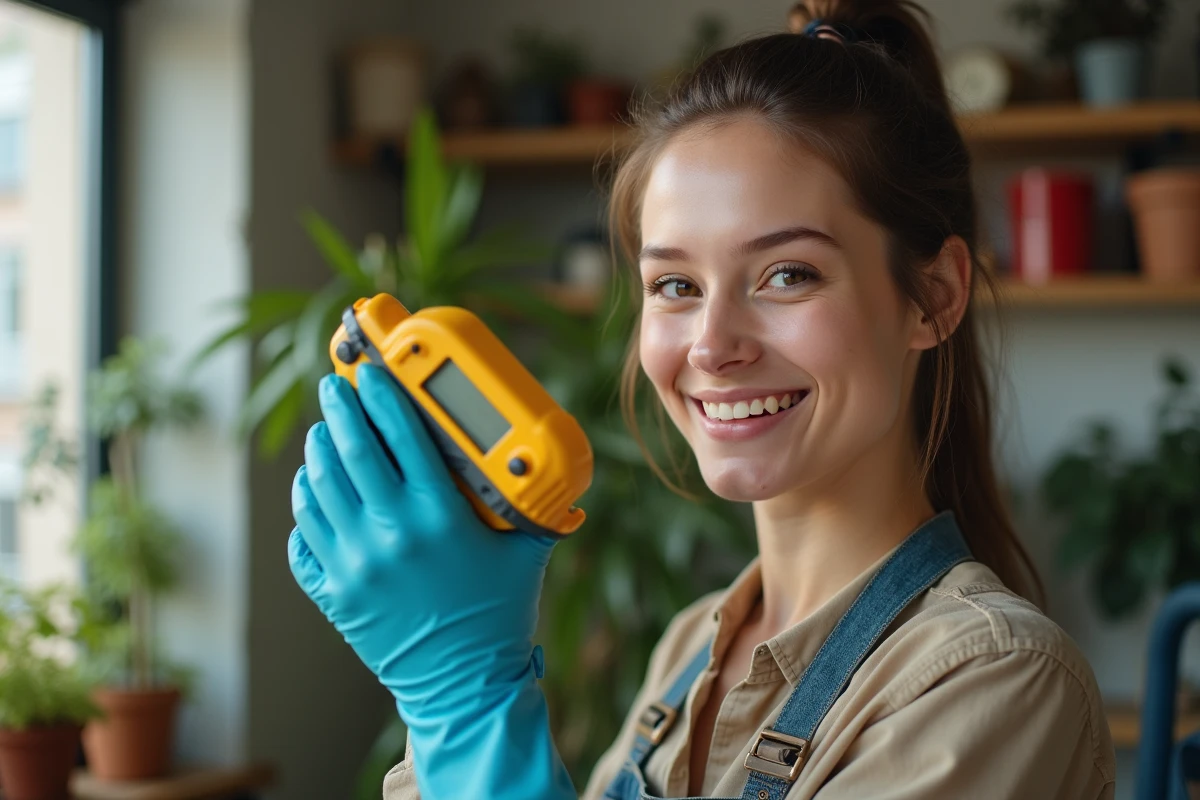 Jeune femme vérifiant la restauration d un plastique électronique