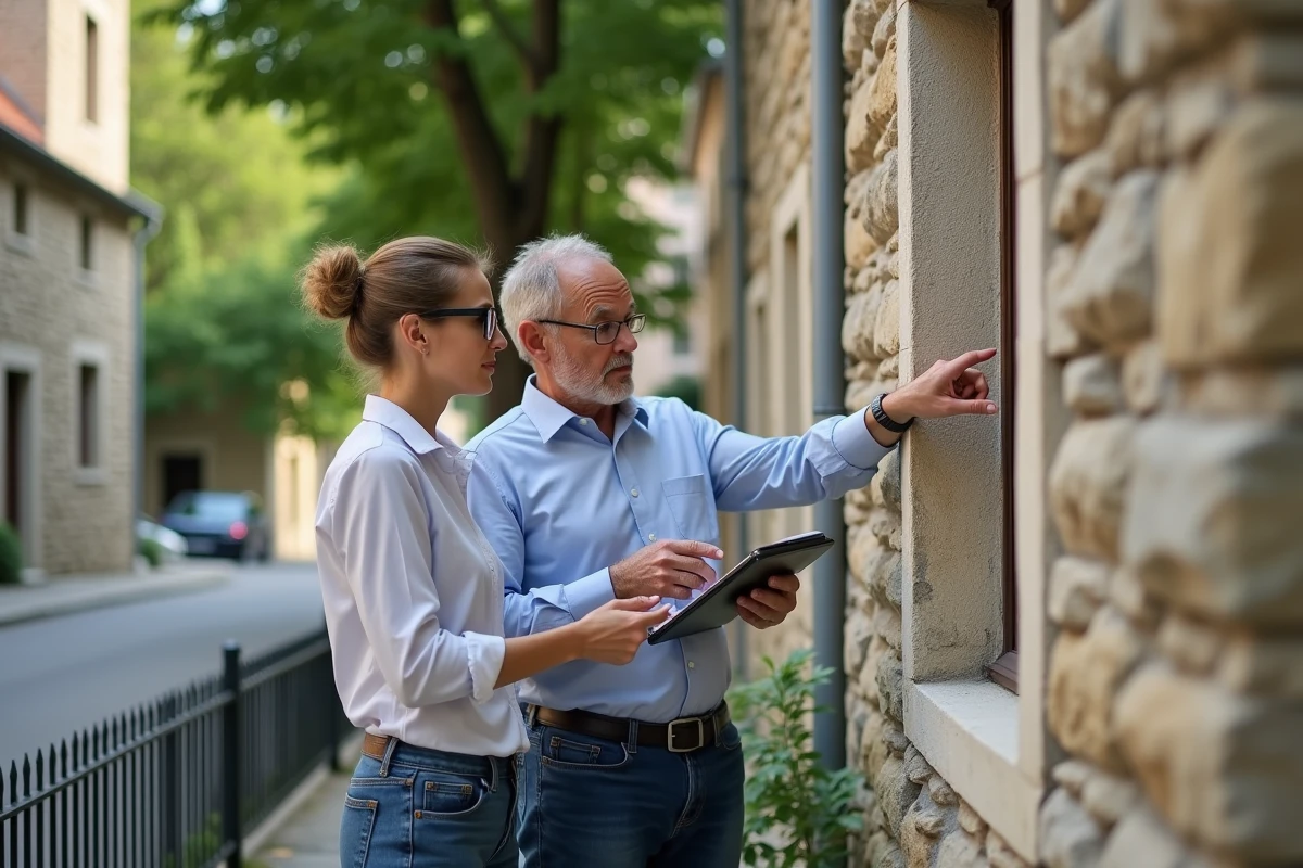 Deux experts en rénovation énergétique inspectant l'extérieur d'une maison ancienne lors d'un diagnostic thermique