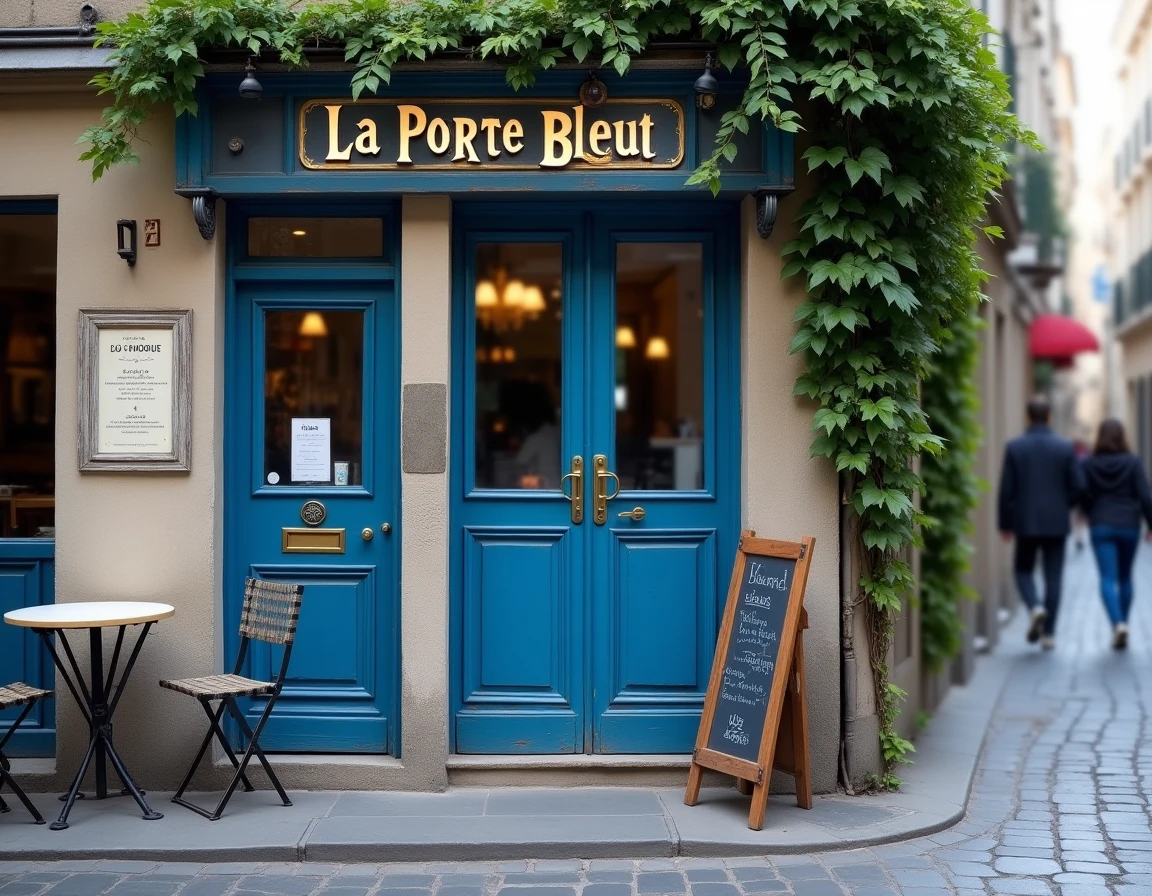 Façade extérieure de La Porte Bleu avec porte bleue emblématique et terrasse sur pavés