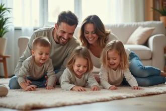 Famille heureuse dans un intérieur moderne et chaleureux