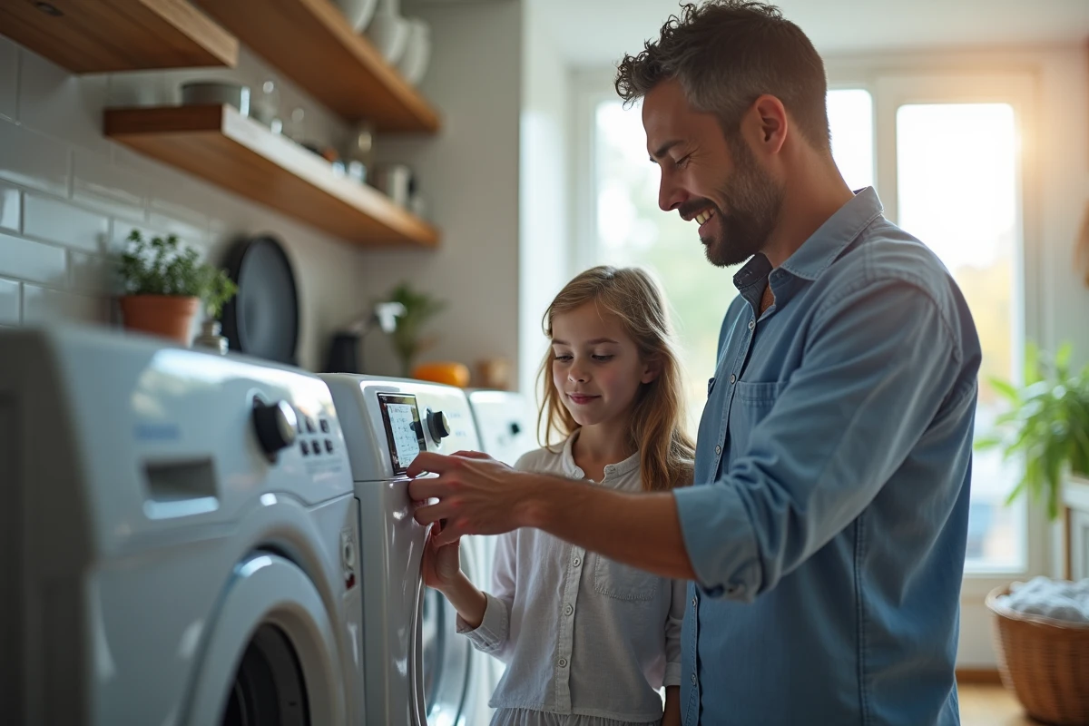 Homme montrant le cycle antiallergie à une fille dans la cuisine