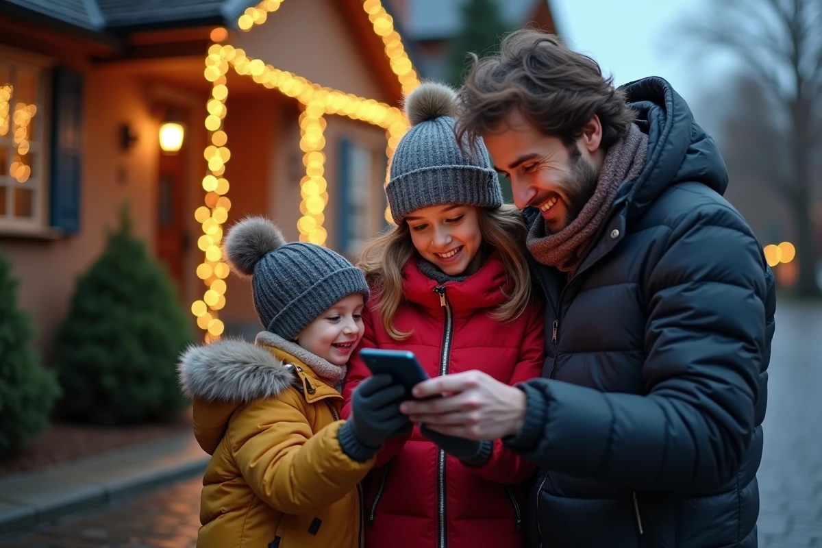 Famille heureuse regardant smartphone devant maison decorée