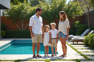 Famille souriante au bord de la piscine en été