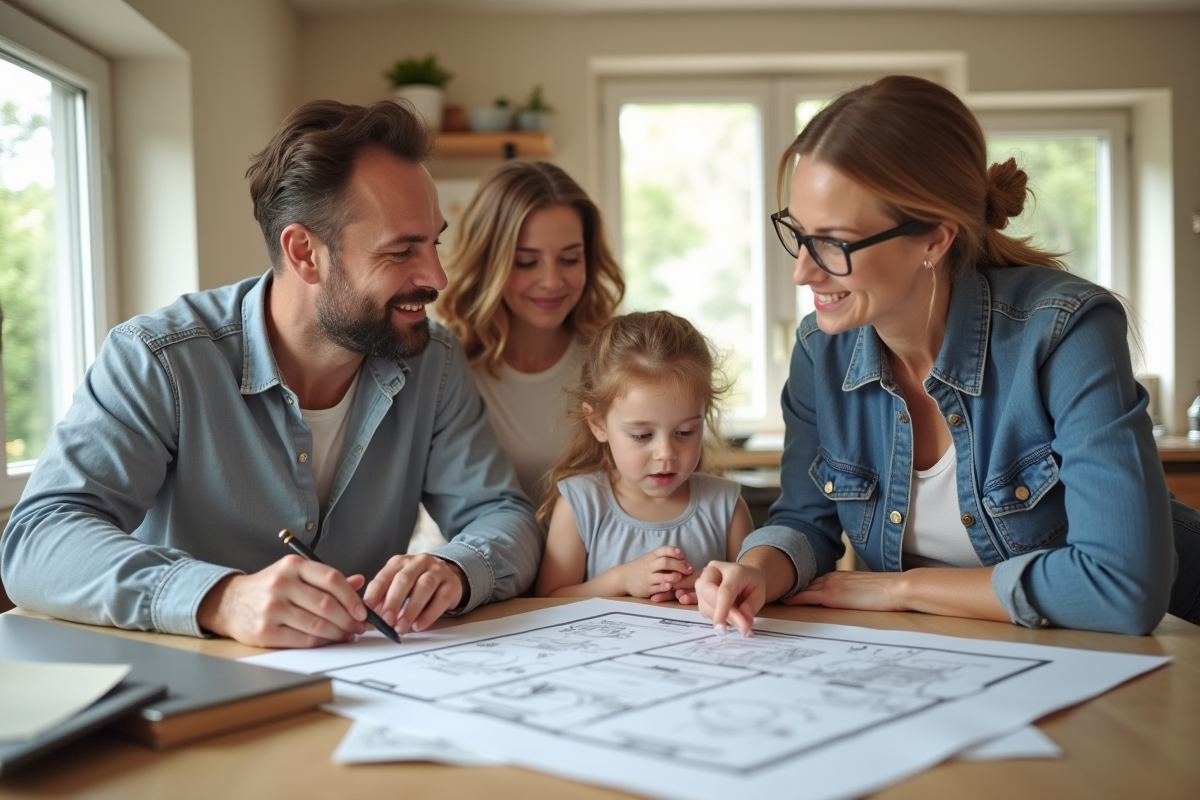 Famille discute plans de renovation cuisine avec entrepreneur