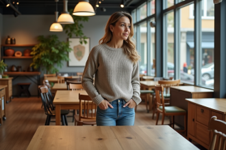 Femme examinant une table en bois dans un magasin de meubles d'occasion
