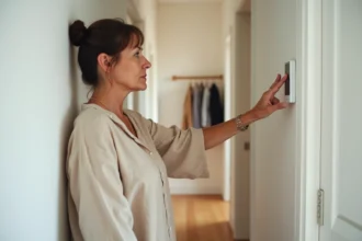 Femme activant un clavier d'alarme maison Verisure dans un couloir moderne