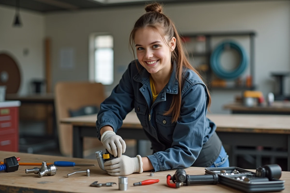 Femme étudiante en plomberie assemblant un tuyau dans un atelier