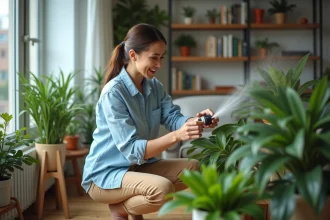 Femme ajustant un arrosage automatique dans un salon moderne
