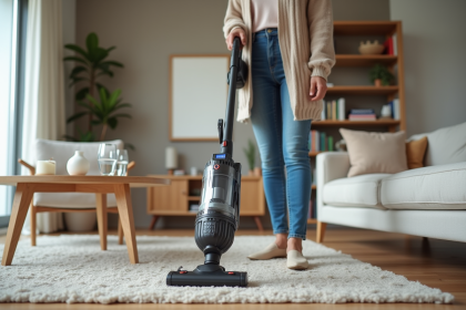 Femme en jeans aspirant dans un salon moderne et lumineux
