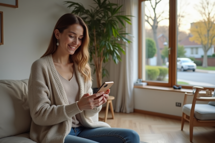 Jeune femme utilisant une application de domotique dans un salon moderne